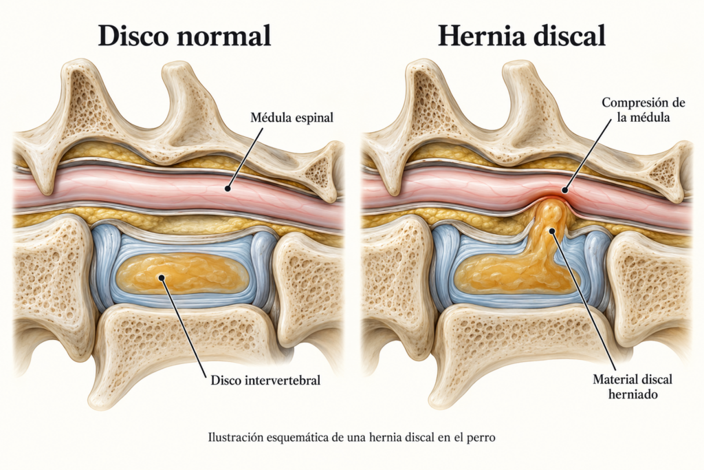 Ilustración de un disco intervertebral normal y una hernia discal que comprime la médula espinal del perro.