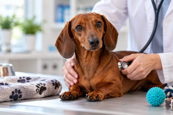 Teckel de pelo corto durante una revisión veterinaria con estetoscopio.