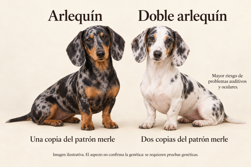 Ilustración comparativa de un teckel arlequín y un doble arlequín, con información sobre el patrón merle.